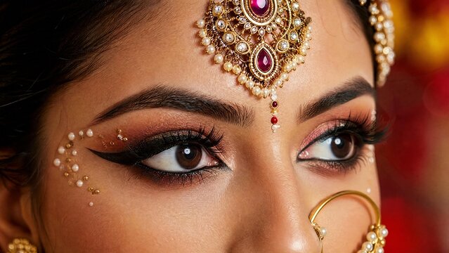 Close-up of Beautiful Indian Bride Eyes with Professional Makeup and Traditional Gold Jewelry