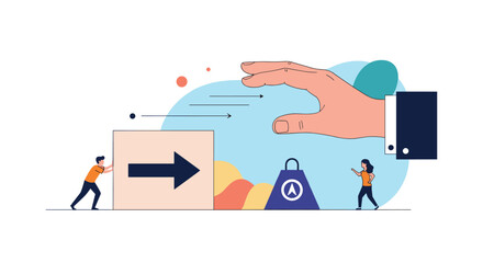 Naklejka premium Corporate takeover concept showing a giant hand reaching for a box being pushed by a small businessman symbolizing market control.