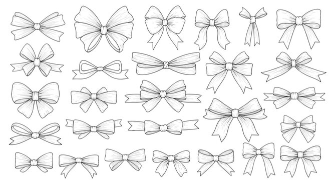 Large set of black and white hand-drawn sketches of decorative bows and ribbons in various styles for gift wrapping and invitation.