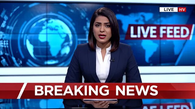 Breaking News Live Feed with Female Anchor Presenting Global Report.