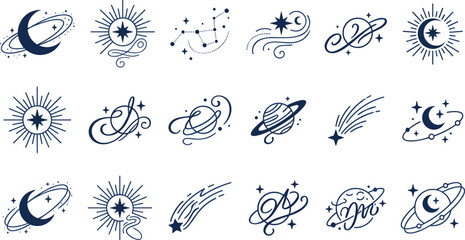 Celestial Mystic Space Icon Set with Moon, Star, Planet, Saturn, Constellation, Comet, and Sun for Astrology and Boho Designs © MdImran