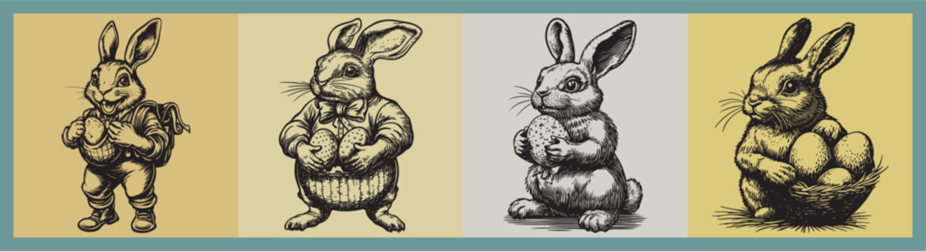Four Artistic Renderings of Classic Bunny Characters in Various Textures and Poses