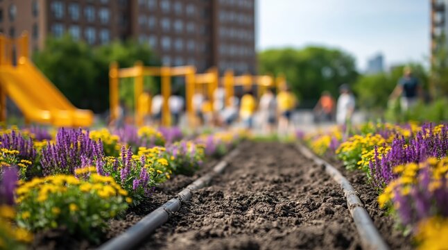 Garden bed with soil and irrigation drip lines near flowers and urban playground