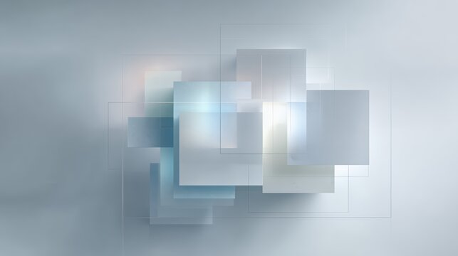 Elegant abstract composition of layered transparent glass rectangles with soft blue and warm lighting on a subtle clean background.