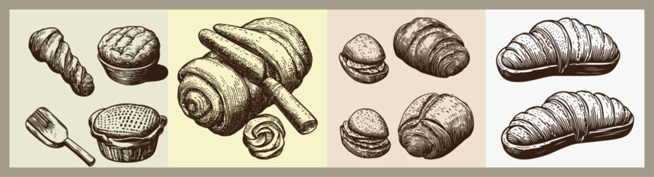 Artistic Pencil Sketch of Assorted Croissants and Baked Goods Array
