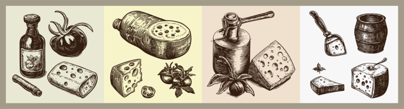 Collection of Cheese, Tomato, Herbs, and Kitchen Condiments on Vintage Background