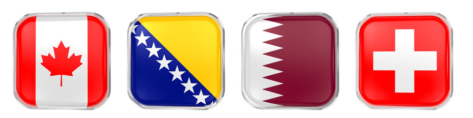 World Cup 2026 GROUP B flags icon, 3D Render of Canada, Bosnia and Herzegovina, Qatar and Switzerland, isolated on transparent © Number 1