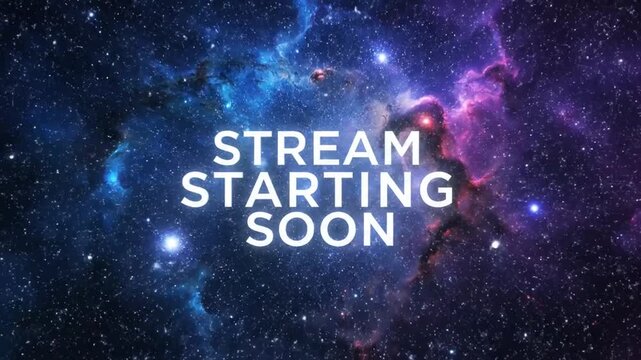 Stream starting soon text over a vibrant blue and purple cosmic nebula galaxy background with stars