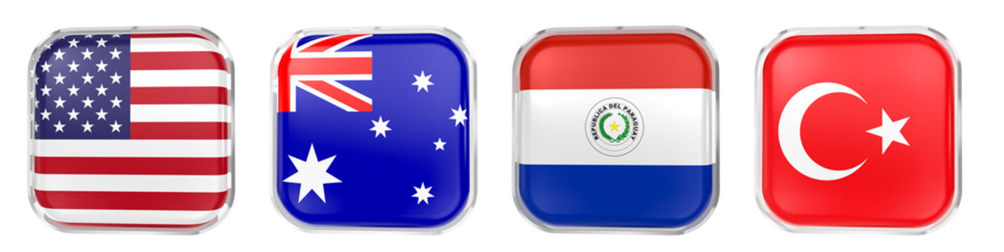 World Cup 2026 GROUP D flags icon, 3D Render of USA, Paraguay, Australia and T&uuml;rkiye, isolated on transparent