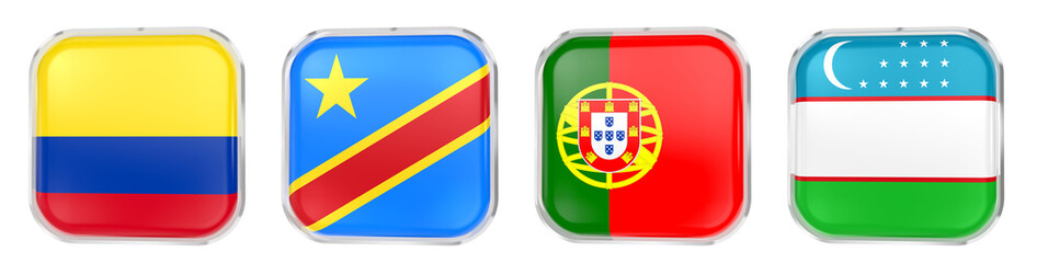 Obraz premium World Cup 2026 GROUP K flags icon, 3D Render of Portugal, DR Congo, Uzbekistan and Colombia, isolated on transparent