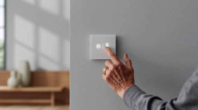 Switch pressing a modern smart home light button on a minimalist gray wall interior