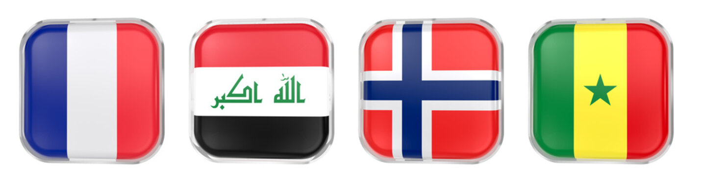 World Cup 2026 GROUP I flags icon, 3D Render of France, Senegal, Iraq and Norway, isolated on transparent