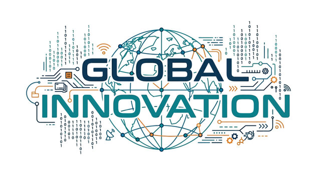 Global Innovation Concept: World Map, Binary Code, Circuits, and Technology