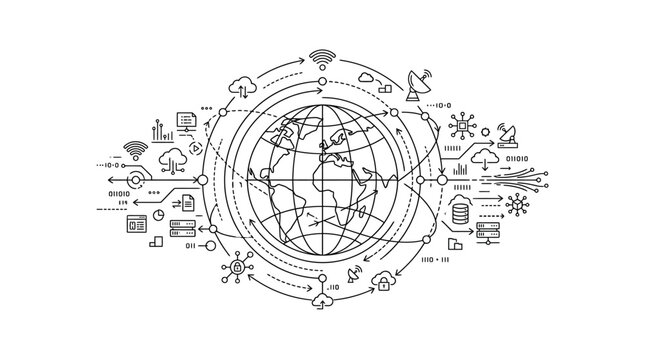 Global Network and Technology Connections - Digital World Map Illustration
