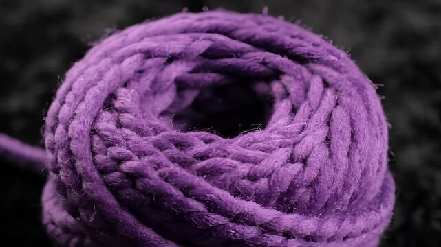 Closeup of a thick purple rope coiled tightly.