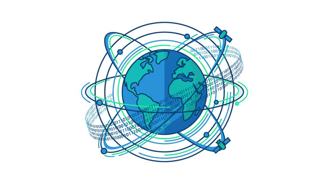 Global Network Connection: Earth, Satellites, Binary Code, Orbiting Lines