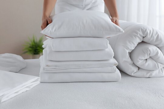 Bedding and clean white linen sheets being folded on a comfortable bedroom home bed
