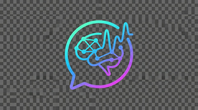 Neon brain hand vector icon, colorful speech bubble logo, gradient brain wave symbol, purple blue green neon light effect