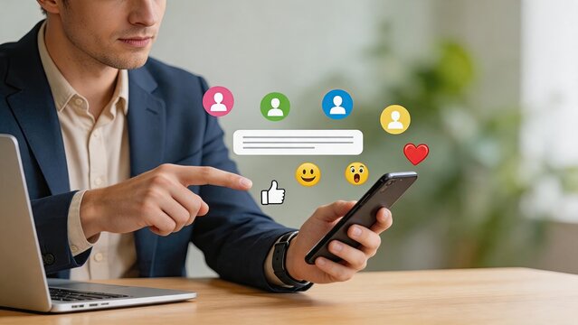 Businessman using smartphone with social media icons, online communication concept, digital marketing strategy, customer engagement, virtual interaction on mobile device screen.
