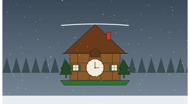 Animated cuckoo clock in snowy winter forest flat animation
