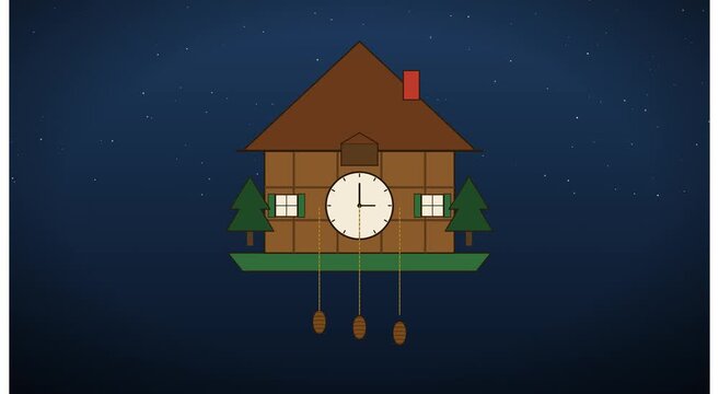Animated cuckoo clock on starry night animation background