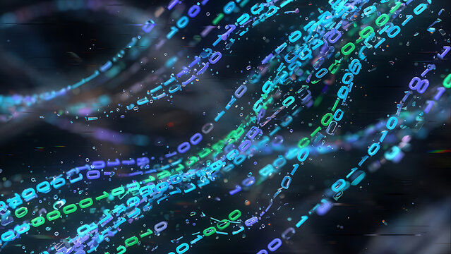 Abstract Digital Background With Glowing Blue And Green Binary Code Streams On Dark Blurred Backdrop