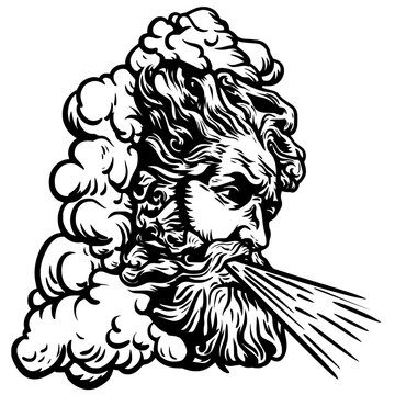 Vector silhouette of a bearded mythological wind god emerging from swirling clouds, blowing powerful gusts. Symbol of nature, mythology, air, and elemental force.