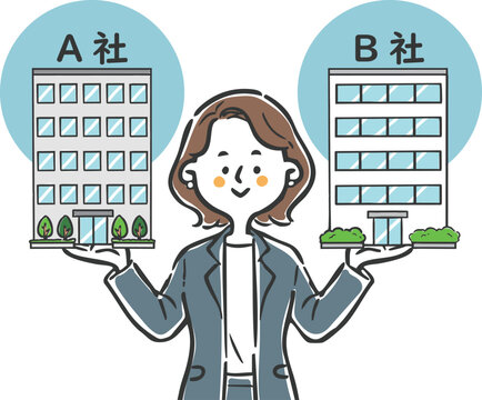 会社を比較するキャリアウーマン　ベクター