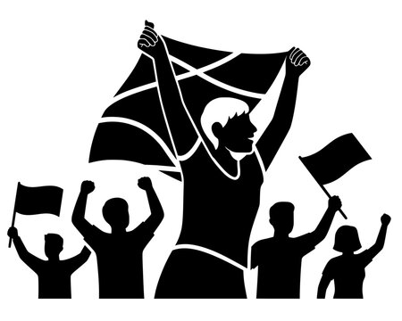 Vector silhouette of a crowd raising flags and fists, central figure holding large banner aloft. Symbol of unity, protest, celebration, and collective action.