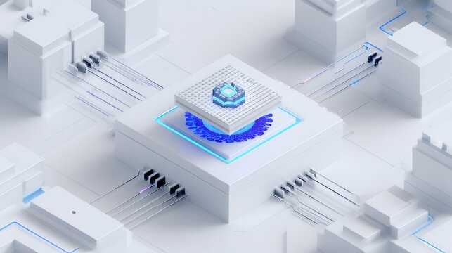 Bright futuristic quantum computer processor on white clean motherboard with glowing blue energy, 3d render for advanced technology.