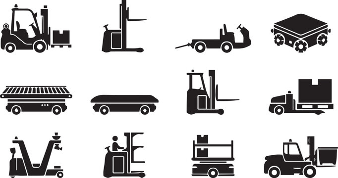 Automated guided vehicle AGV types and warehouse robotics vector icon grid