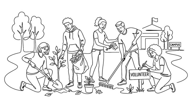 Volunteers planting trees and flowers outdoors.