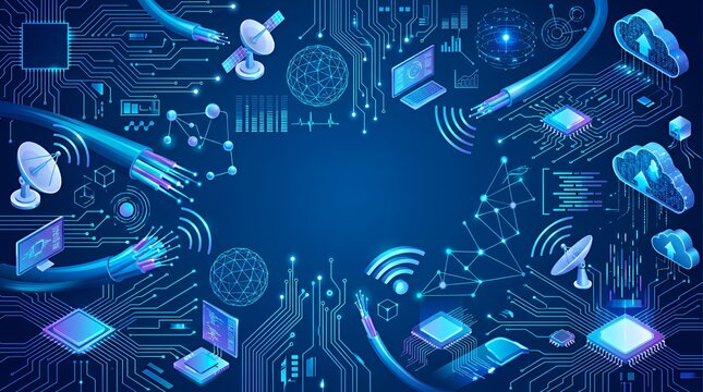 Technology network infrastructure illustrates global data exchange and seamless digital connectivity featuring fiber optics cloud computing and various digital components for modern communication 