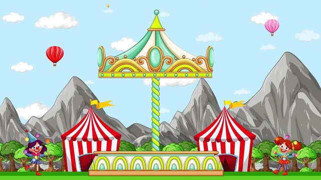 Animated Cartoon Carnival with Spinning Carousel and Hot Air Balloons