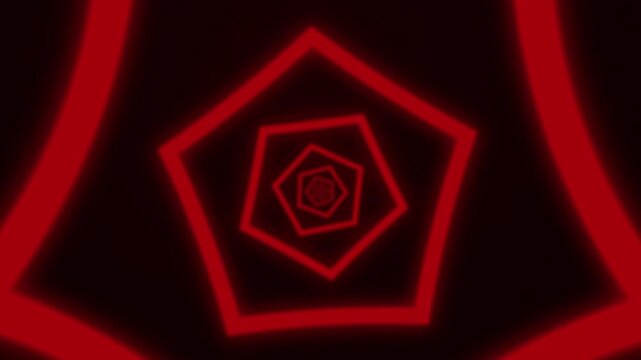 Red neon pentagon tunnel motion background abstract geometric light glow