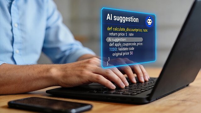 Developer using AI coding assistant on laptop with holographic code suggestion popup for software development and programming automation concept
