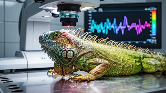 An iguana undergoing examination with medical equipment and displayed waveforms on a monitor