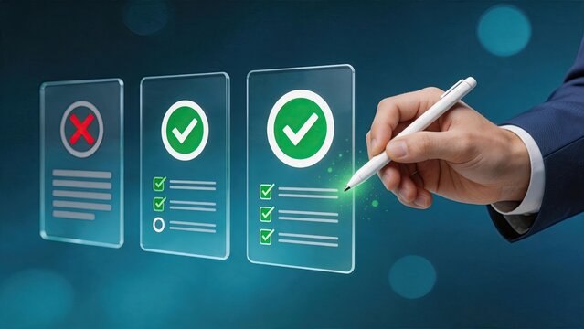 Hand holding stylus pen checking boxes on transparent glass interface, verification process and quality control checklist approval concept