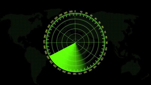 Digital radar screen scanning over a map background, high-tech military surveillance interface, rotating green sonar sweep animation for cybersecurity, global tracking, and data analysis concepts