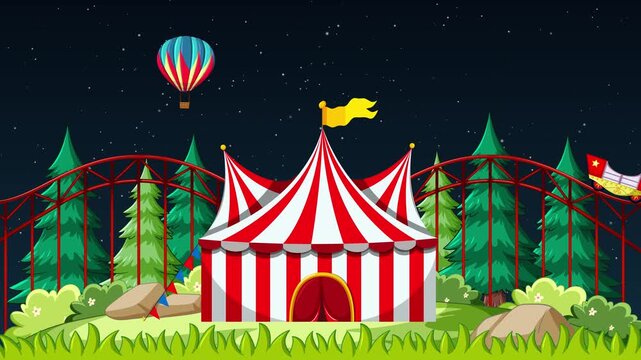Animated Night Carnival with Roller Coaster and Hot Air Balloons