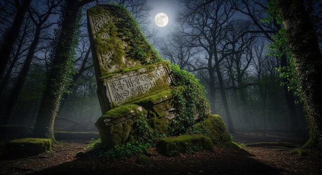 Ancient Moss-Covered Stone Monument Under a Full Moon