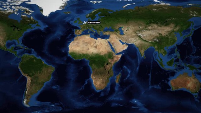 Animated Flight Route Map from Amsterdam to Buenos Aires Across the Atlantic Ocean