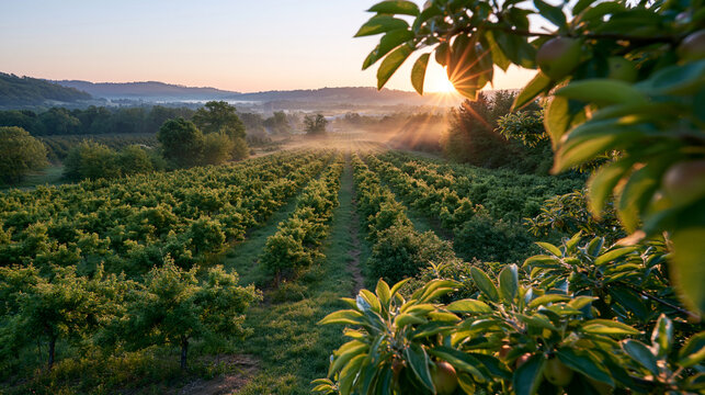 Scenic Farm Landscape with Green Orchard Fields and Warm Morning Sun in Valley