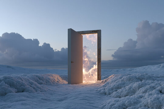 Open Illuminated Door in Misty Winter Landscape with Clouds and Dreamlike Atmosphere