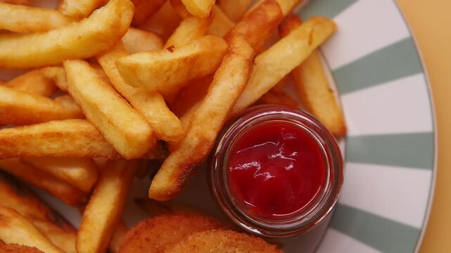 Enjoying fries with ketchup on a plate