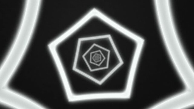 White neon pentagon tunnel motion background abstract geometric light glow
