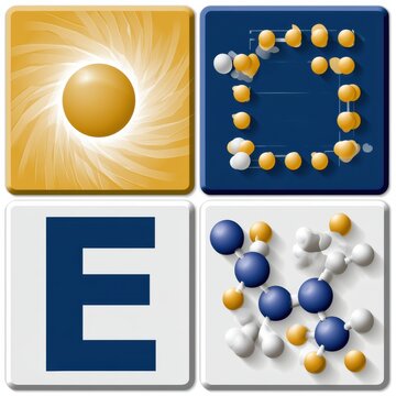 The visual shows the letter E represented with science concepts like electrons, an eclipse, and enzyme molecules in yellow and deep blue.