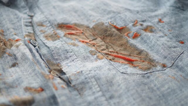 Shirt with orange stain after food spill in kitchen