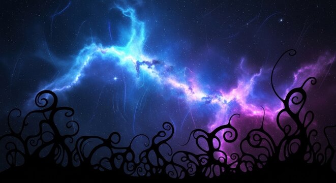 Cosmic Nebula with Starry Sky and Organic Silhouettes