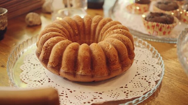 Freshly baked cake on display in a cafe setting